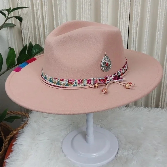 Upcycled Hand Crafted Cottagecore Boho On a Pink Express Fedora Hat Sz One Size THE BOHO FEDORA HAT- PINK – Beauty & Blossom Boutique EP main image 4